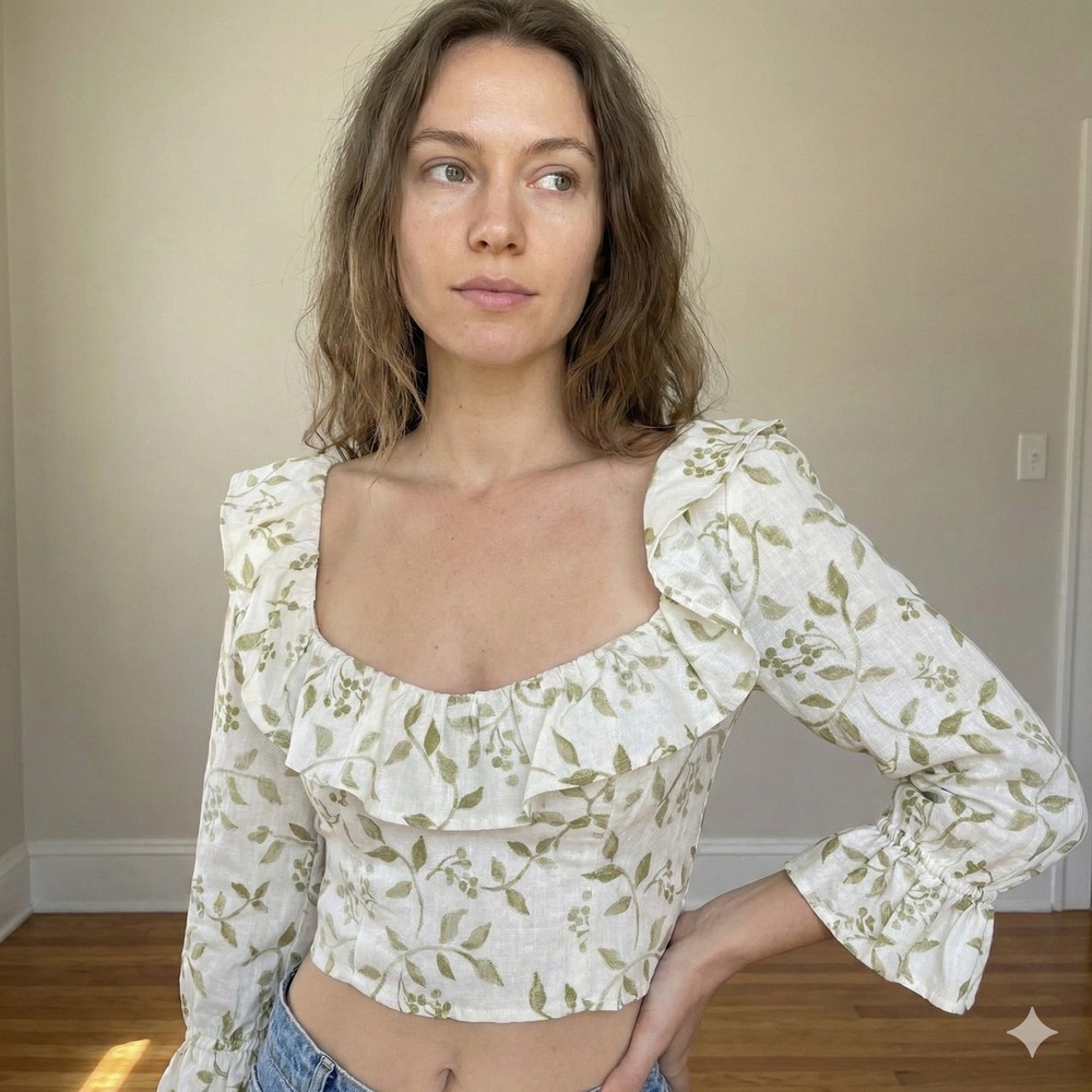 Reformation Edgewater Linen Top Womens 2 White Green Floral Print Ruffle Trim‎